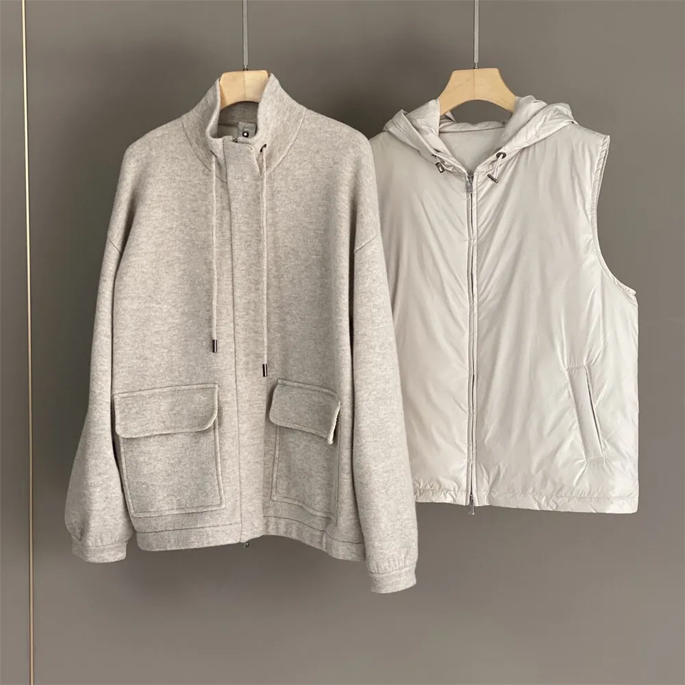 Autumn Winter Women's Hooded Down Vest  + Knitted Cashmere Cardigan Jacket Loose Coat Two-piece Set