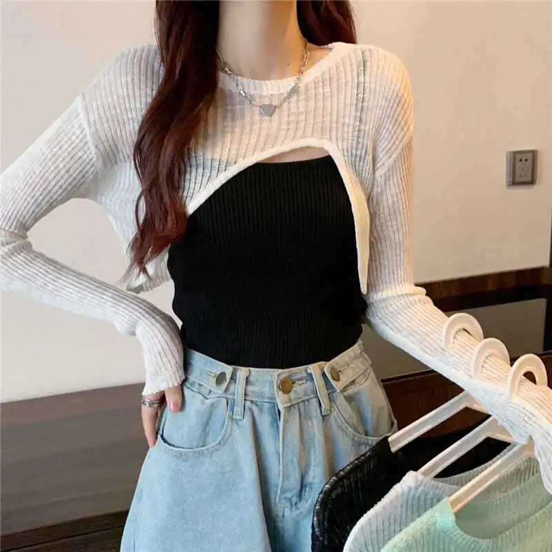 Hot Cropped Shrugs Women Knitwear High Street Long Sleeve O-neck Cool Girls Stylish Solid Color Irregular Female Chic All-match