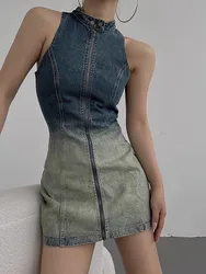 2024 Sexy Women Vintage Zipper Denim Dress Turtleneck Sleeveless Dress Party Celebrity Bodycon Vestidos