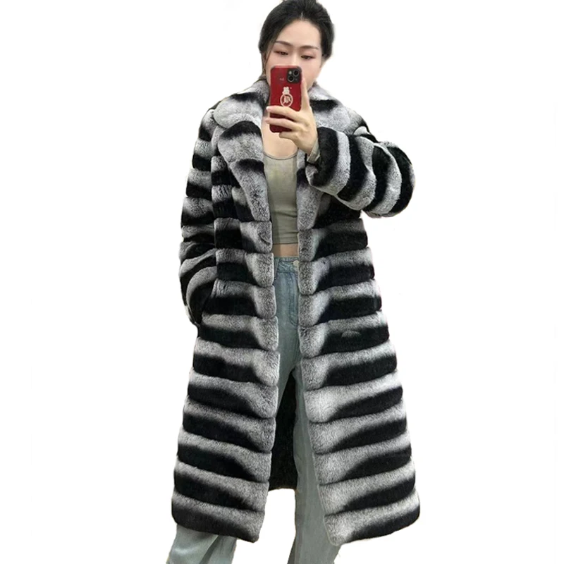 Latest Design Winter Fur Coat Women Jacket Real Rex Rabbit Fur Long Overcoat Womens Chinchilla Rex Rabbit Fur Jackets Outwears