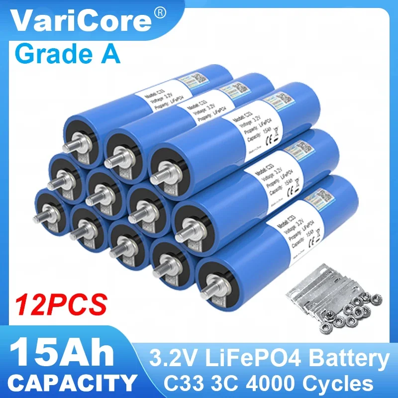 

12pcs Grade A 3.2V 15Ah LiFePO4 Battery Lithium Phosphate Cell for 12V 24V Motorcycle Car motor Modification Inverter batteries