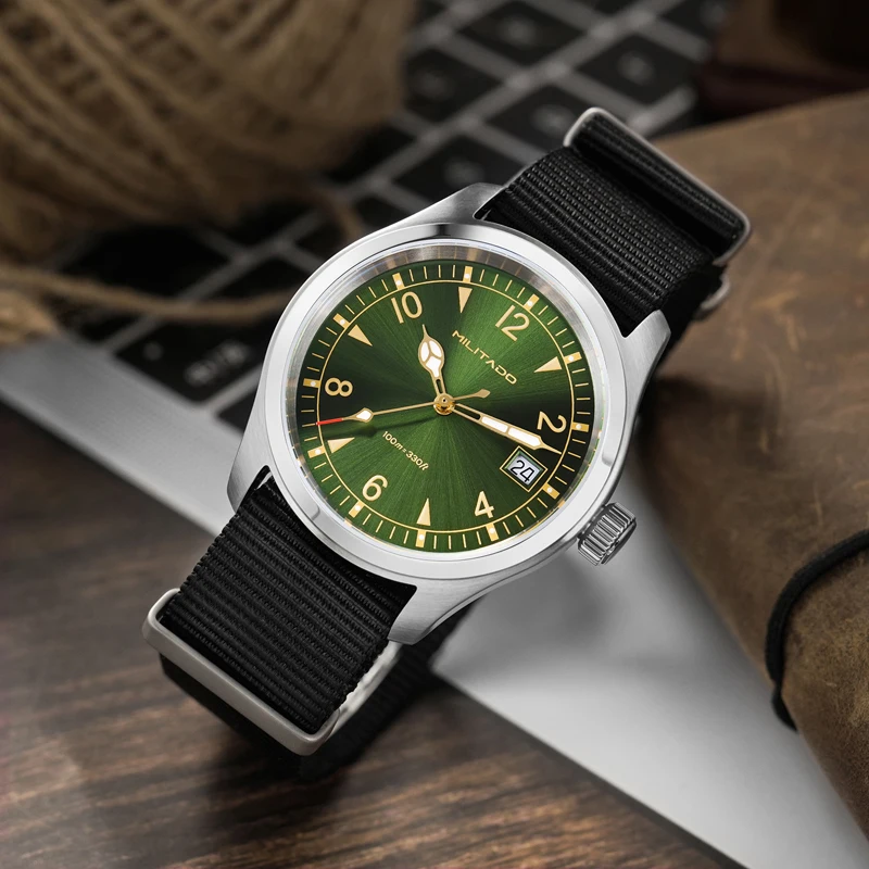 

Militado ML08 Мужские военные часы Ronda 515 Механизм Сапфировые светящиеся винтажные часы 10 бар Водонепроницаемые часы из нержавеющей стали