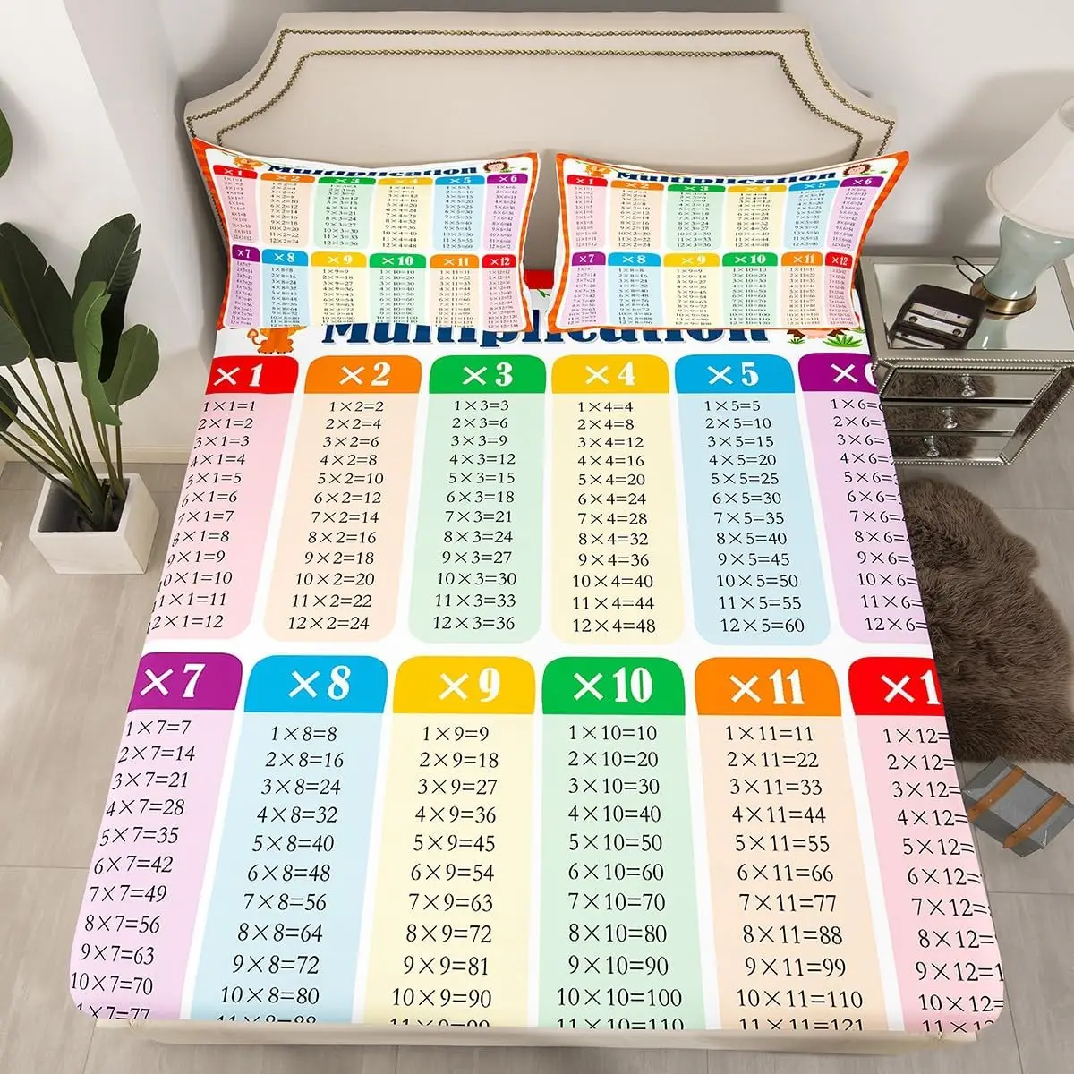 3pcs Multiplication Bed Sheet Set Twin, Math Games Fitted Sheet for Kids Educational Bedding Set Learning Time