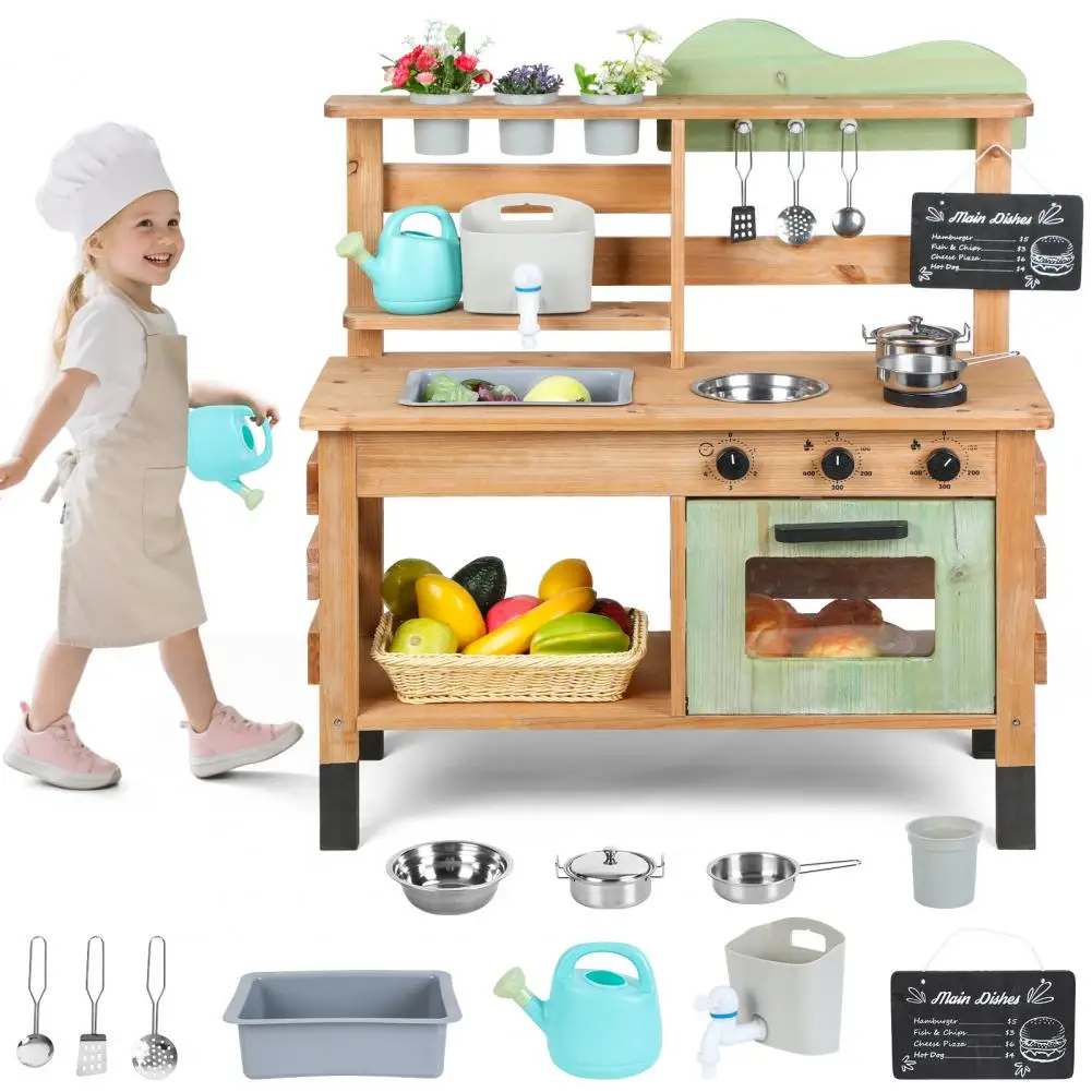 Cucina di fango, set da cucina per giochi di finzione in legno per esterni con stufe, lavello rimovibile, rubinetto, lavagna, accessori da cucina