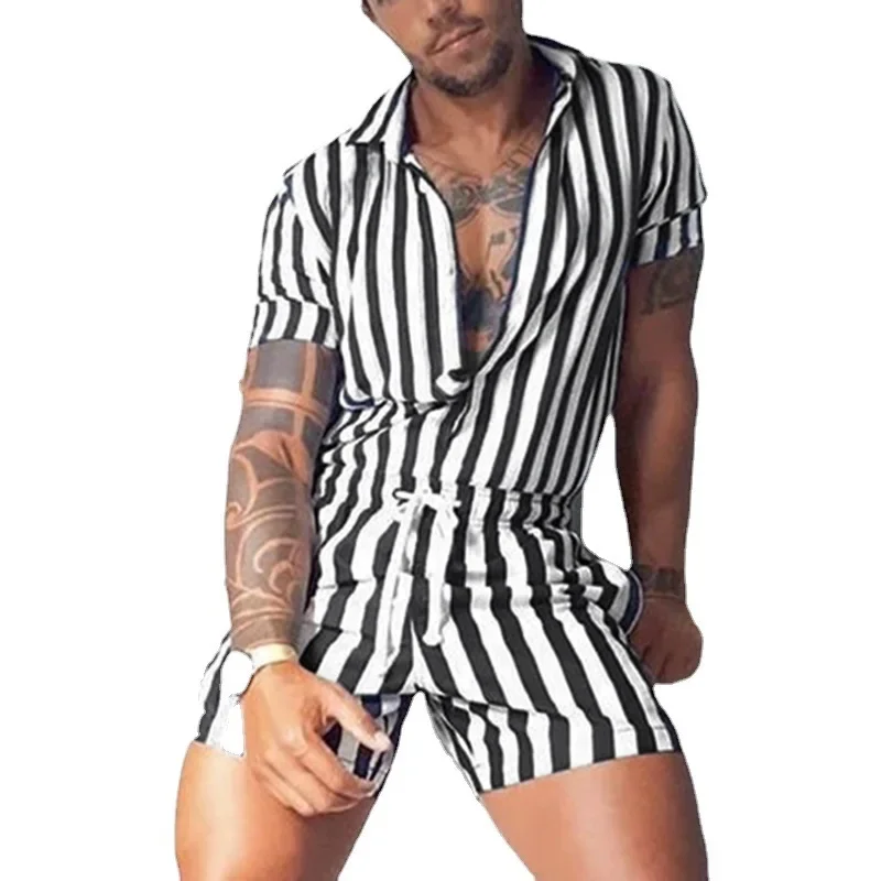 Loose Men's Onesies Pajamas Striped Lapel Over Sexy Single Breasting Jumpsuit Casual Short Sleeve Pijamas for Men Short Pants