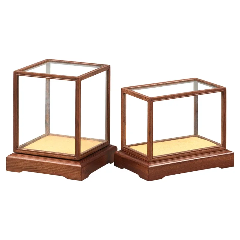 

Rosewood glass cover Buddha transparent dust antique ornaments display cover chicken wing wood treasure cage solid wood base