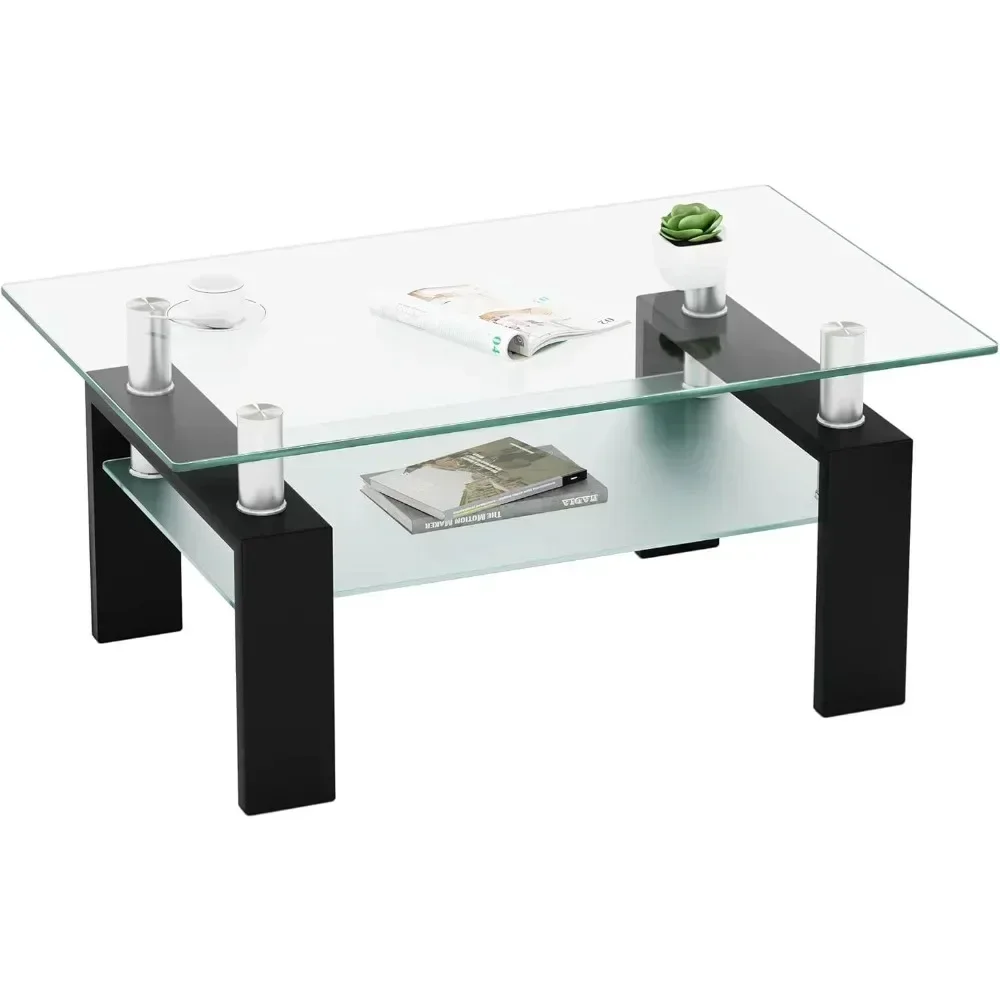 

Modern Coffee Table with Metal Tube Legs – Sleek Rectangle Glass Top End Table (Black)​