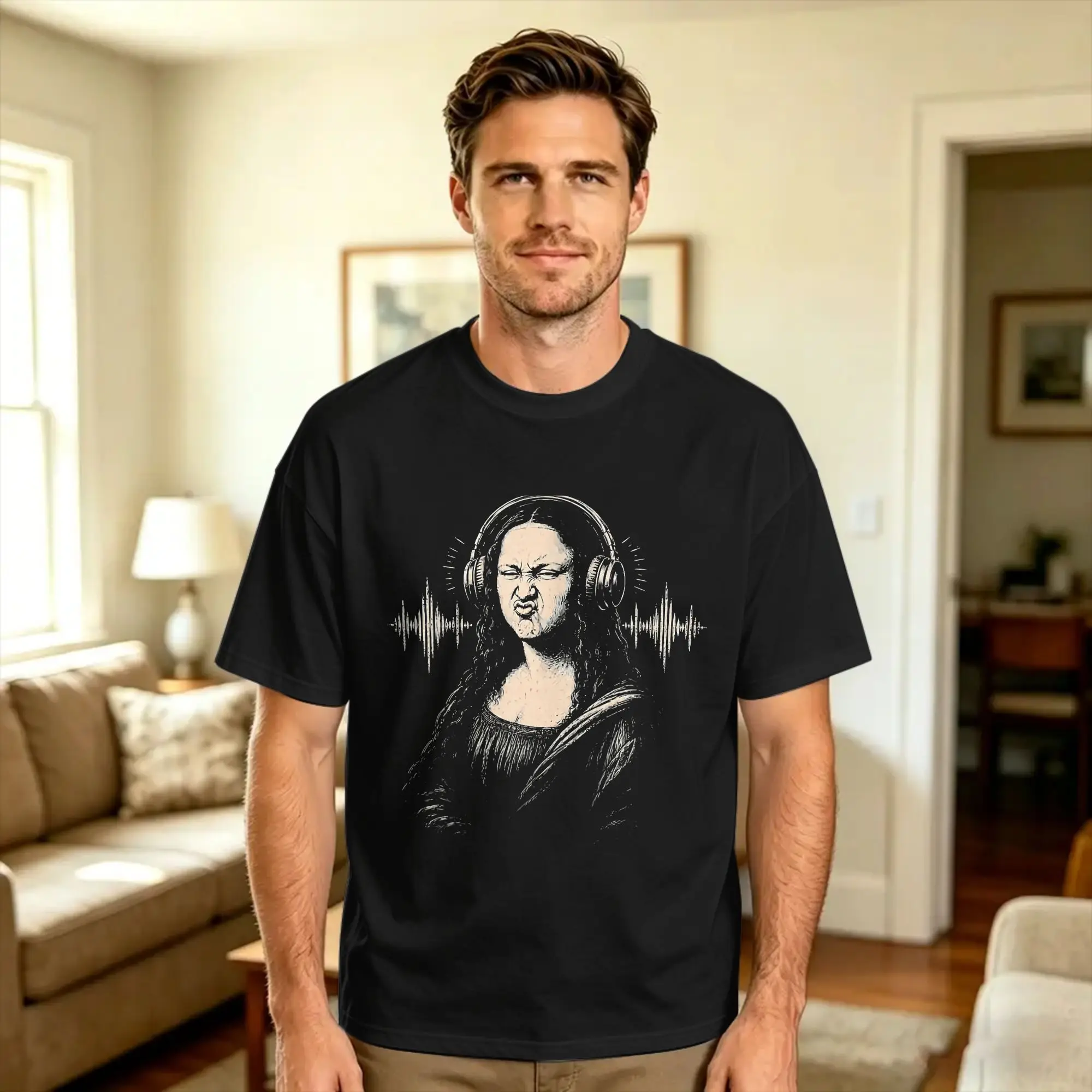 Mona Lisa Face Funny Music Lovers DJs Producers T-Shirt  Hippie T Shirts Short Sleeve Streetwear Tshirt Summer Pure Cotton Tees