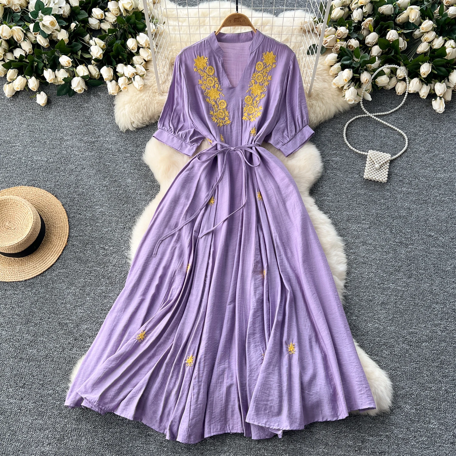 Retro embroidery v neck Dress puff Sleeve loose Beach Vacation Women Korean Fashion Summer Vestidos dresses
