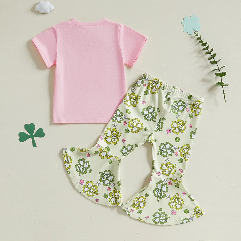 Toddler Girl Irish Outfits Clover Print Crew Neck Short Sleeve T-Shirts Tops Flare Pants 2Pcs Clothes Set