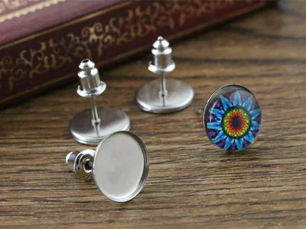 ( No Fade ) 10mm 20pcs/lots 2 Style Stainless Steel Earring Studs,Earrings Blank/Base,Fit 10mm Glass Cabochons,Buttons;