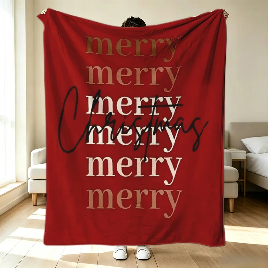 Merry Christmas Fireplace Socks Print Flannel Throw Blanket, Distinctive 2D Flat Single-Sided Printed Holiday Blanket