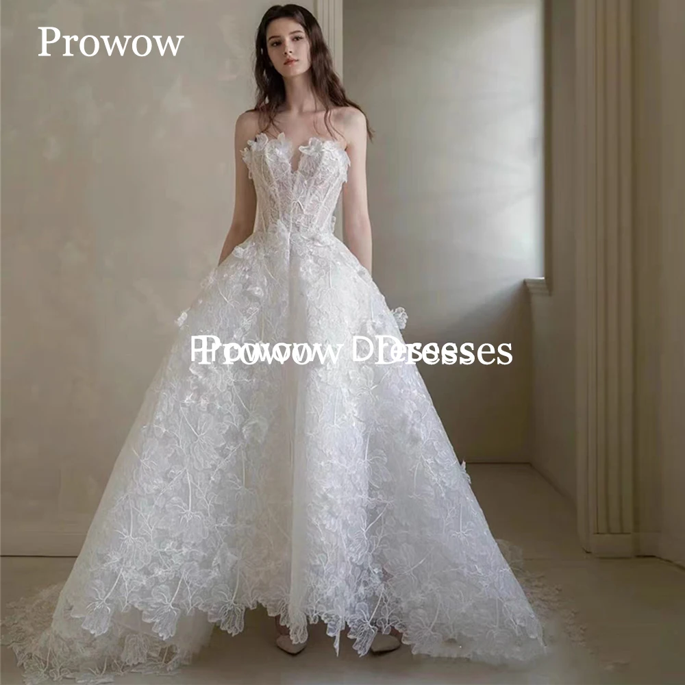 

Prowow Luxury Lace Ivory Wedding Dresses Photoshoot Sleeveless A Line Bride Gowns Floor Length Vestido De Noiva Zip Customized