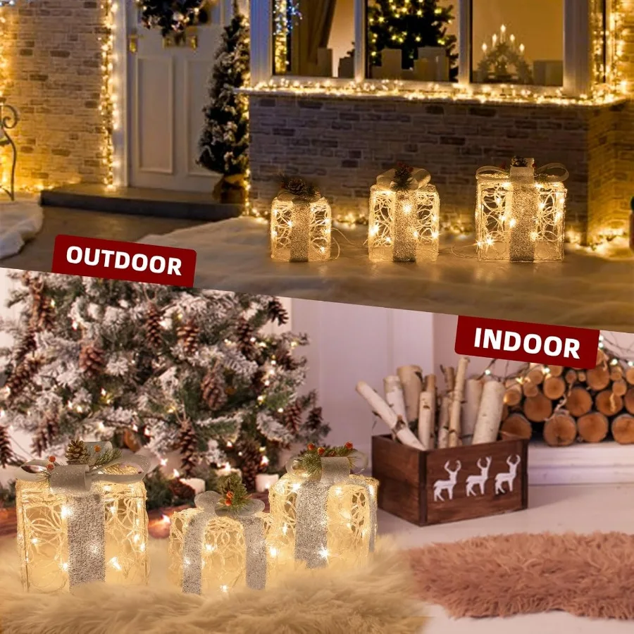 Outdoor Christmas Decorations Set of 3 Christmas Lighted Gift Boxes for Indoor and Outdoor Yard Holiday Party and Home D