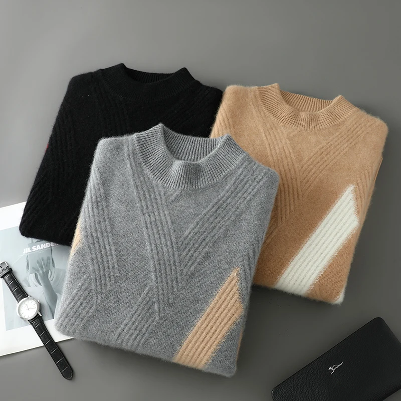 New Men's Fashion 100%Wool Sweater Autumn Winter Round Neck Knitted Warm Color Blocking Bottoming Shirt Business Casual Pullover