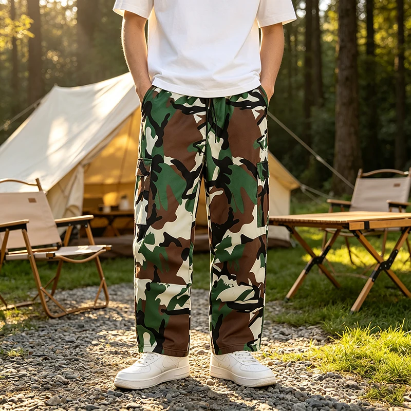 Men Camo Cargo Long Pants Loose Fit Outdoor Camping Street Travel Summer Drawstring Waist Multi Pocket Casual Walking Trousers