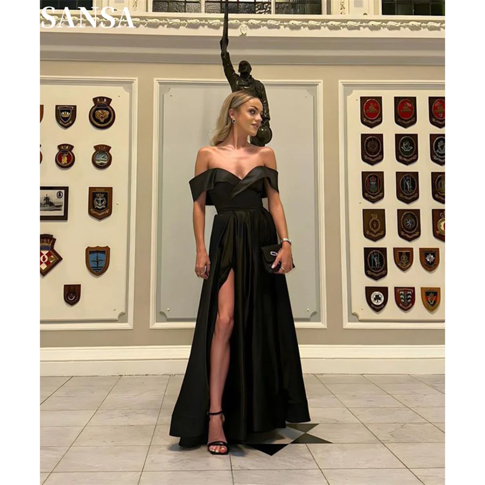 Sansa Formal Black A-line Satin Evening Dress Off the Shoulder Floor-Length Side Splite Wedding Dresses vestidos de fiesta 2024