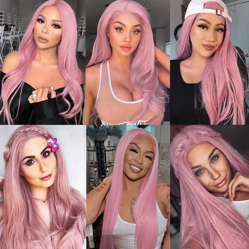 Pastel Pink Long Straight Synthetic Wig Silk Straight Lace Front Wigs For Women Light Pink Wig Cosplay Daily Wear Frontal Heat