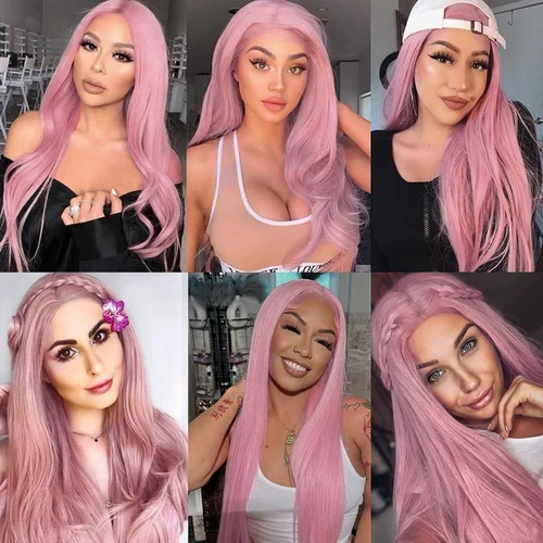 Imagen 2 del producto Peluca sintética larga y recta de color rosa Pastel, pelucas frontales de encaje liso de seda para mujer, peluca rosa claro, Cosplay, uso diario, calor Frontal