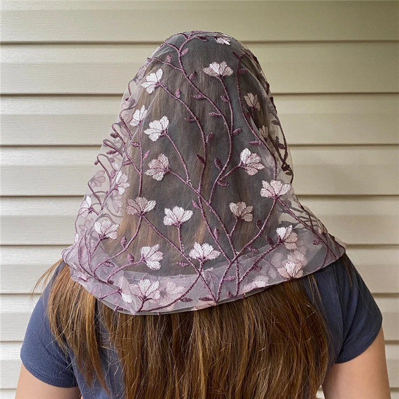 Purple Flowers Embroidered Floral Mandilla Veils Church Catholic Latin Mass Head Covering Women D Shape Infinity Lace Edge Clip