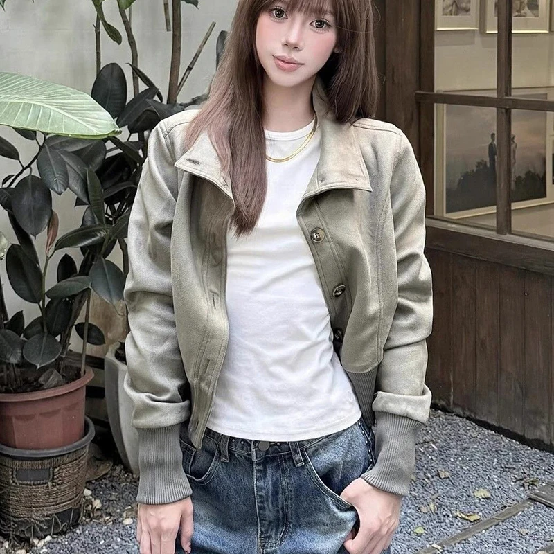 American Vintage Street Jacke für Damen, schmal, lässig, klassisch, Basic-Mantel, langärmelig, Stehkragen, einreihig, abgeschnittene Oberbekleidung