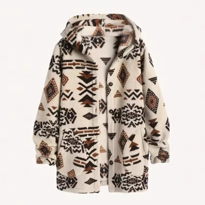 

Hooded Mid Long Faux Fur Jacket Loose Printing Taddy Plush Coat Single-breasted Long Sleeve Furry Jackets Winter Warm Fluffy Top