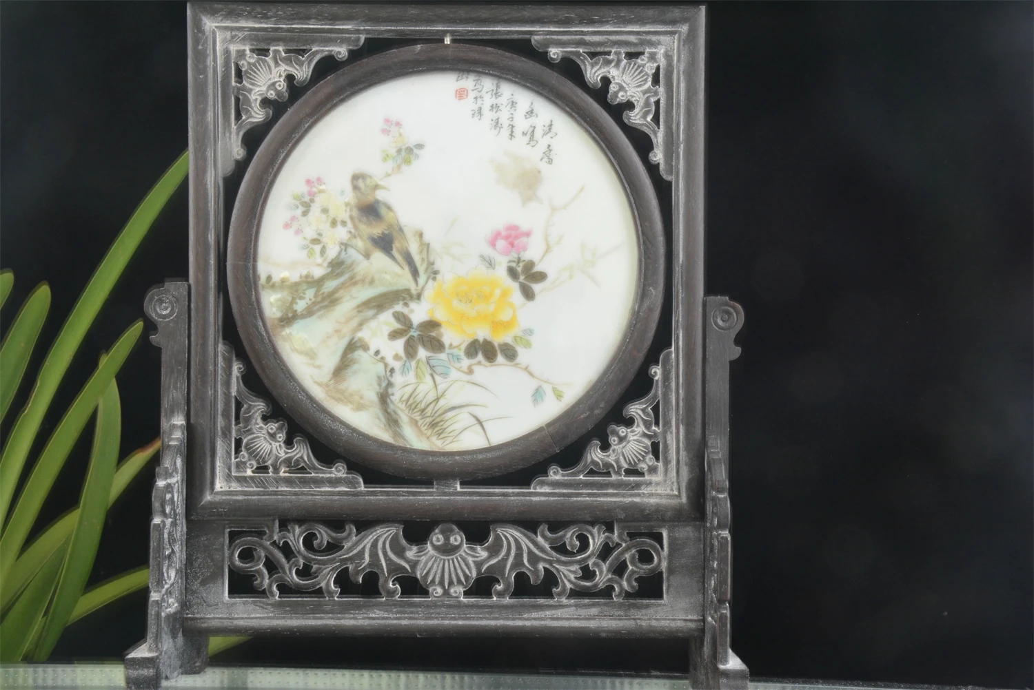 Antique Old Chinese ebony&Porcelain board painting,Peony&bird,hand-painted crafts,home Decoration,collection & adornment