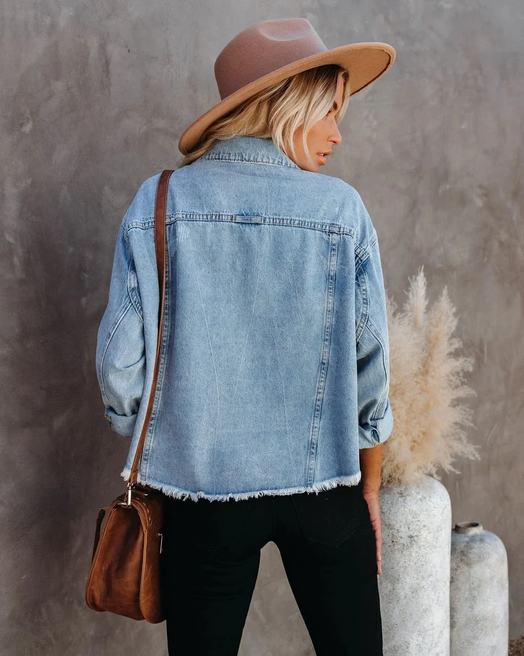 Denim Coat Women Distressed Turn Down Collar Cardigan Jackets Single Breasted Casual Basics Pockets Button Spliced Solid