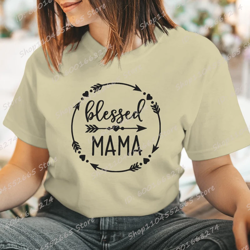 

Cute Mother's Day Blessed Mama Print T-Shirt Women Short Sleeve Funny Round Neck Tee Shirt Mother's Day Gifts Casual Summer Tops