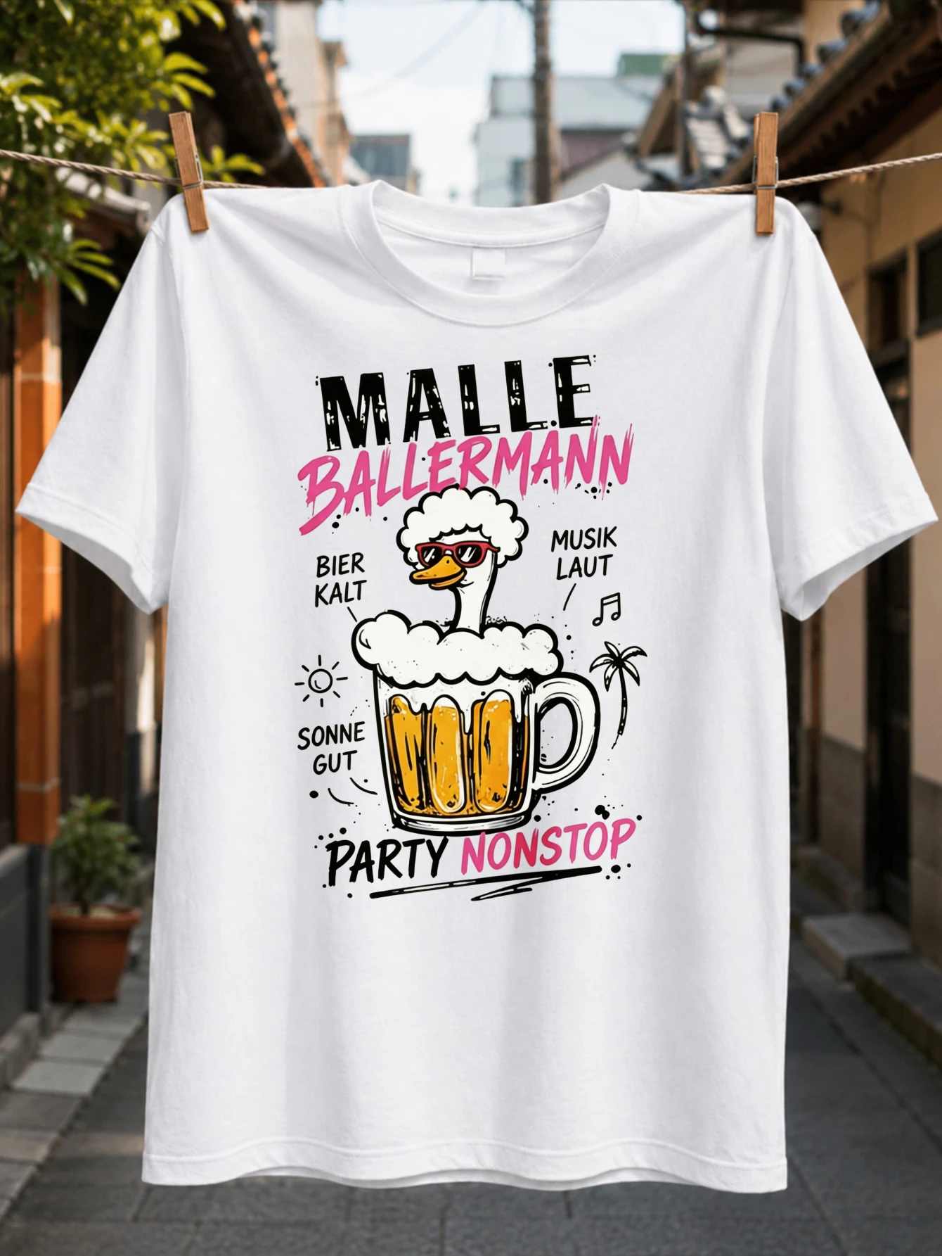 Malle Ballermann PartyCartoon Sheep and Duck in Beer Glass Cold Beer Loud Music Sun and Nonstop Fun  Unisex All T-Shirt