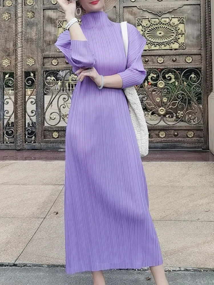 DEAT Woman Pleated Midi Dress Half High Collar Batwing Sleeve Elastic Waist Causal Style Elegant  2024 Autumn Fashion 15AK008