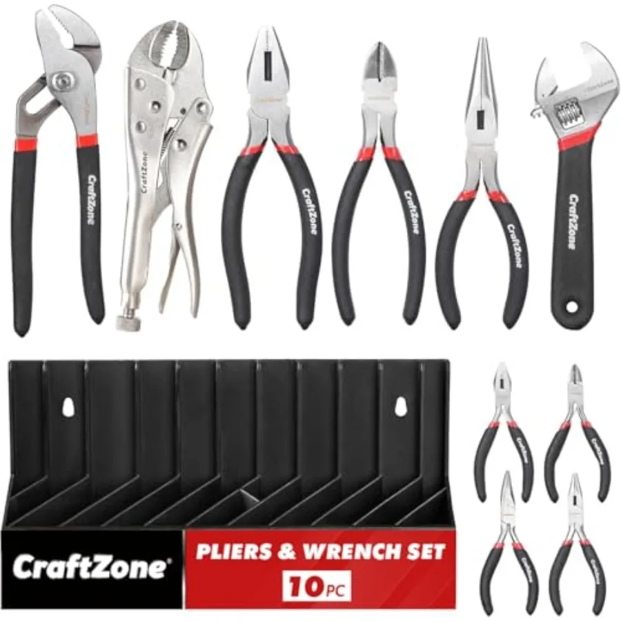 

Pliers and Wrench Set with Storage Rack Includes Locking Long Nose Diagonal Cutter Groove Joint Linesman and Mini Plier, Carbon
