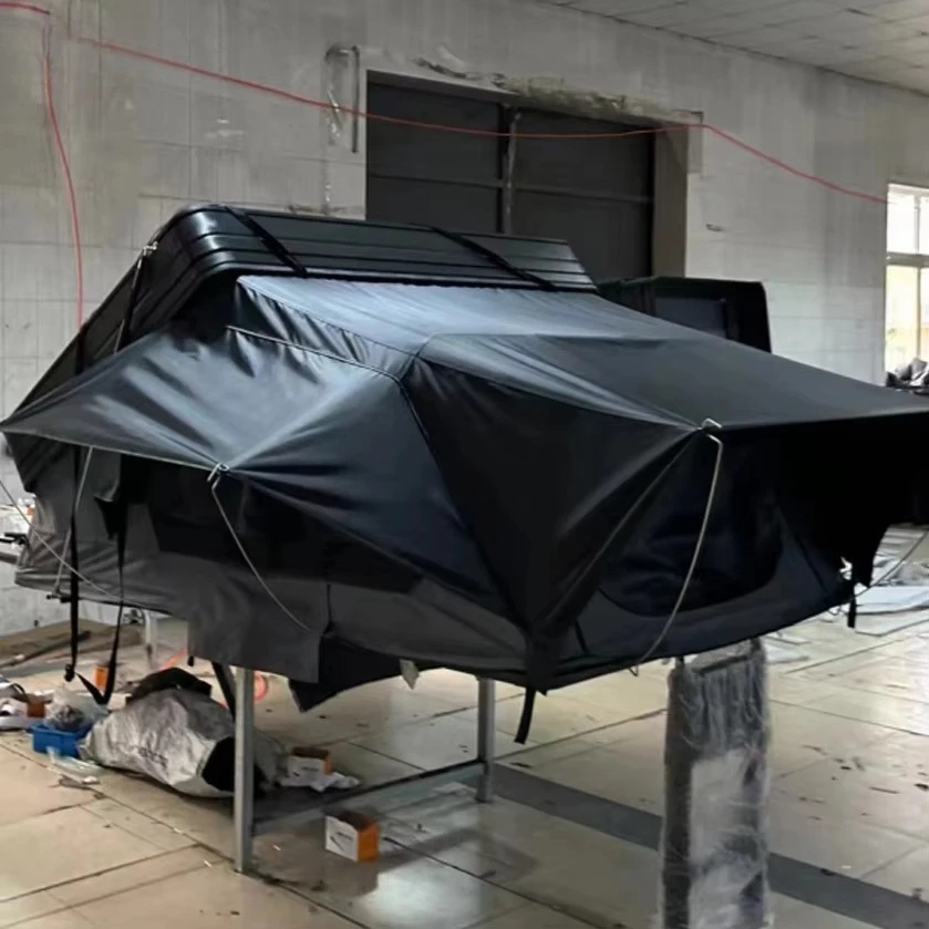 

Camping Aluminum 4 Person Top Roof Tent Triangle Car Rooftop Tent Clamshell Black Gray Hard Shell Roof Top Tent