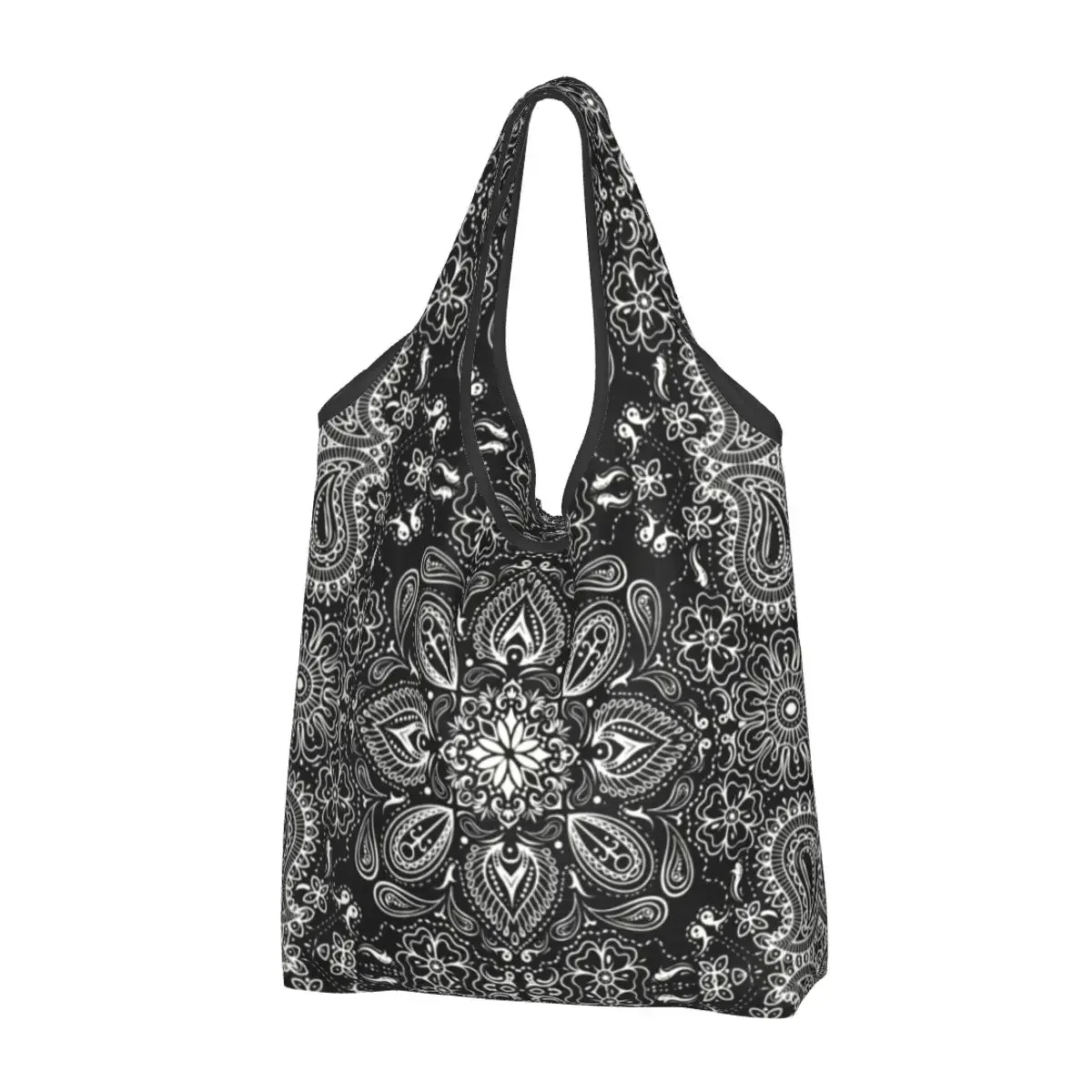 Saco de compras estilo bandana clássico para mulheres, preto, portátil, padrão Paisley, mercearia, reciclagem