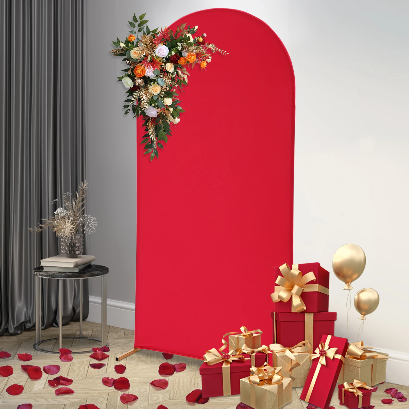 

1*2m Golden Look Arched Bracket with a Red Backdrop Cover, DIY Backdrop Stand Decoration for Wedding Festivities Parties
