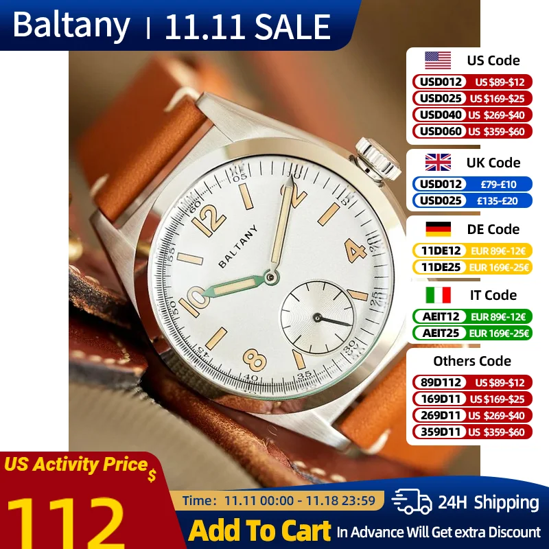 Baltany Retro Bubbleback Wristwatch Subsecond 100M Waterproof Luminous VD78 Leather Vintage Quartz Dress Watch