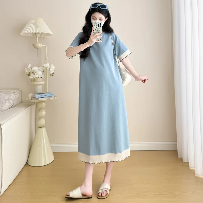 Woman Straight Dress Wholesale 2026 Summer Maternity Plus Size Dress Block Color Short Sleeve O-neck Long Loose Casual Pregnant