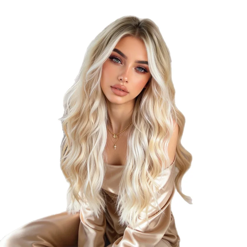 Platinum blonde highlights, large wavy long curly hair with a natural fluffy bangs, full head wig for women