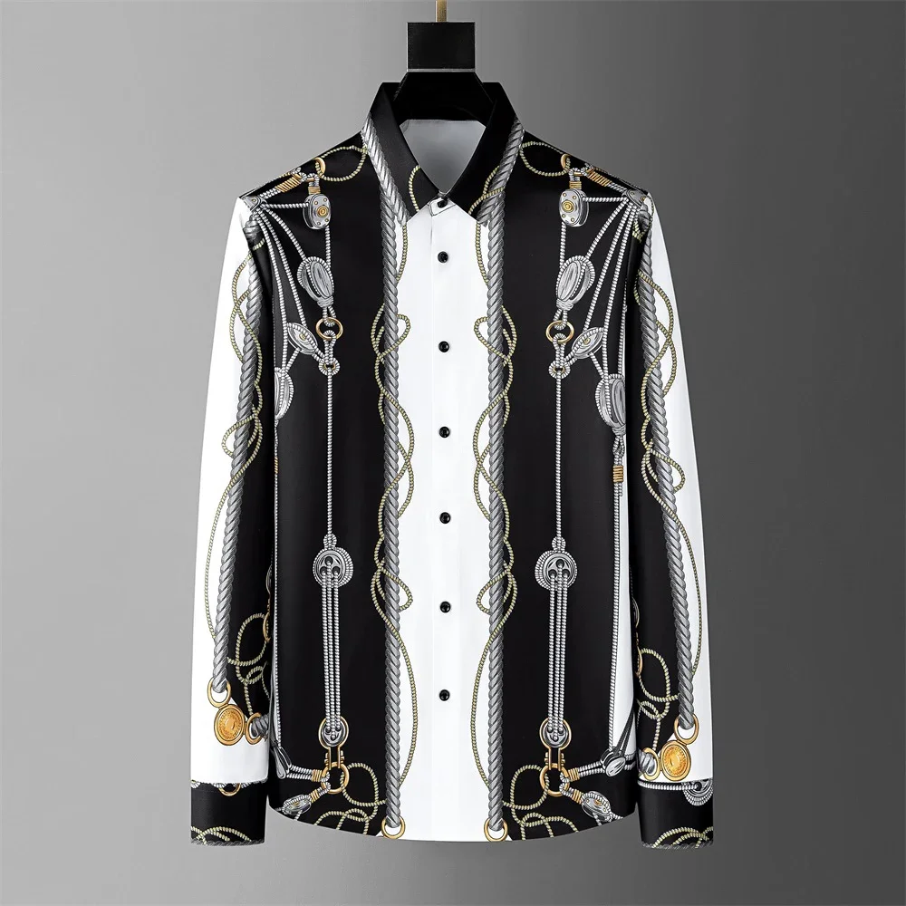 Men's Retro Simple 3D Printed Shirt Business Casual Luxury Long-sleeved Lapel Button Shirt Slim Outdoor Party Street Men's Top