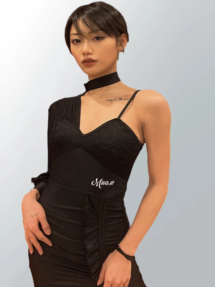 

New Women Latin Dance Dress Sexy One Shoulder Mesh Dress Female Adult Latin Dance Competition Clothing Practcice Dress DN19773
