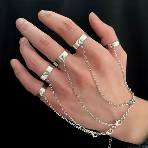 Fashion Punk Simple Silver Color Metal Chain Open Finger Ring Set for Women Men Unisex Mittens Wrist Rings Punk Hiphop Jewelry