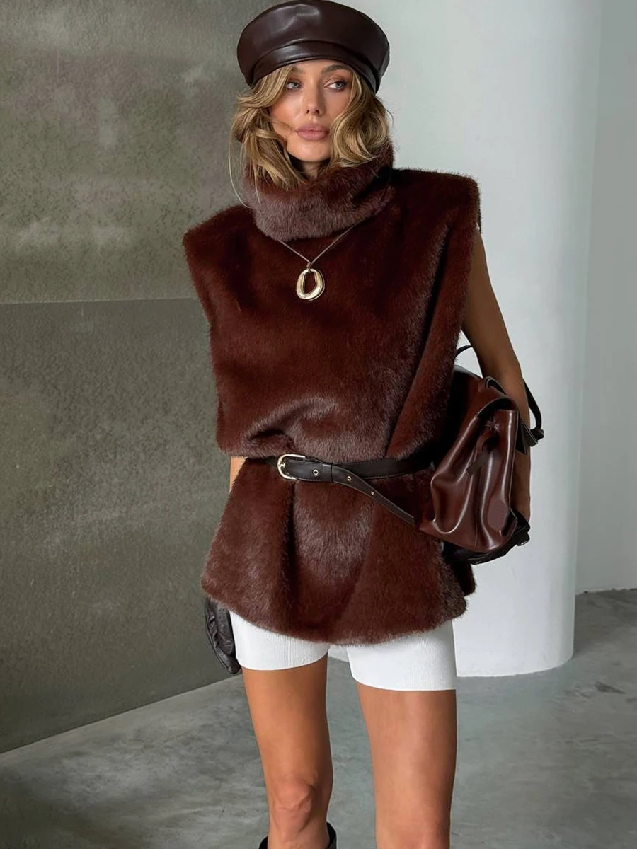 Weird Puss High Collar Svel Furry Vest for Women Sexy Versatile Top Polyester Fabric Slim Fit Faion Sle Daily Wear