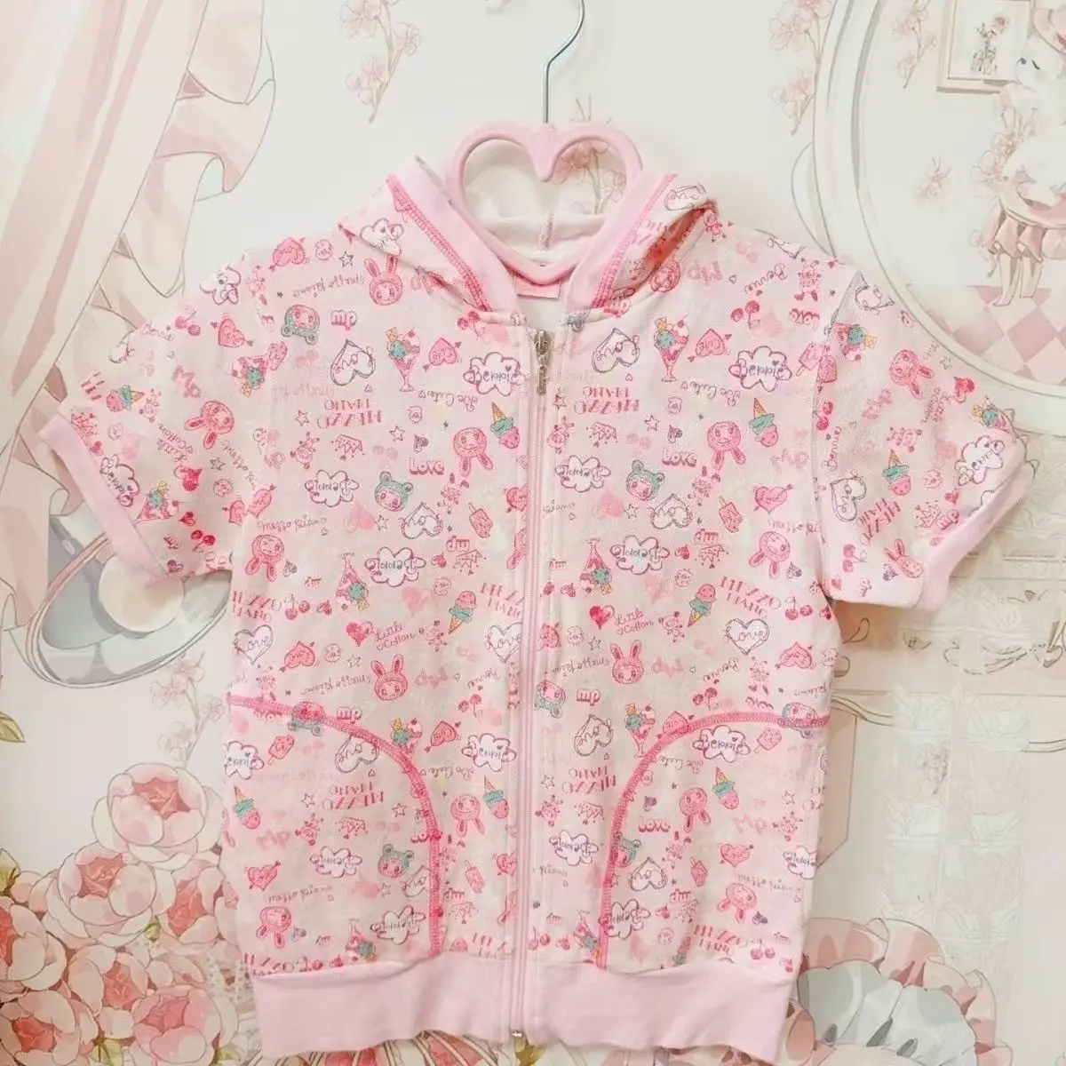 Cute Sweet Short Sleeve Hoodie Cardigan Daughter's Clothing Soft Girl Y2K Harajuku Style MP Top Cartoon Print Zipper Closure