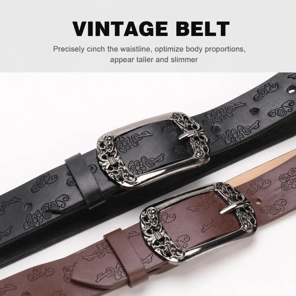 Alloy Pin Buckle Embossed PU Leather Belt Antique Metal Buckle Adjustable Carved Buckle Waist Belt Faux Leather Unisex Design
