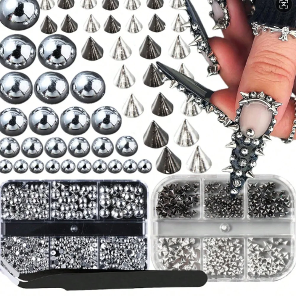 6 Grids Multi-Size Silver Black 3D Cone Spike Nail Charms Punk Gothic Rivet Studs Nail Art Decoration Accessories
