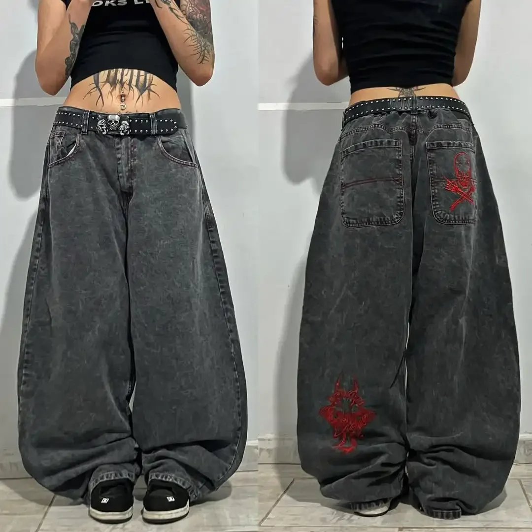 

Y2K Vintage Skull Embroidery Jeans American Hip Hop Fashion Washed Denim Pants Men Gothic Trend Harajuku Oversize Wide-leg Pants