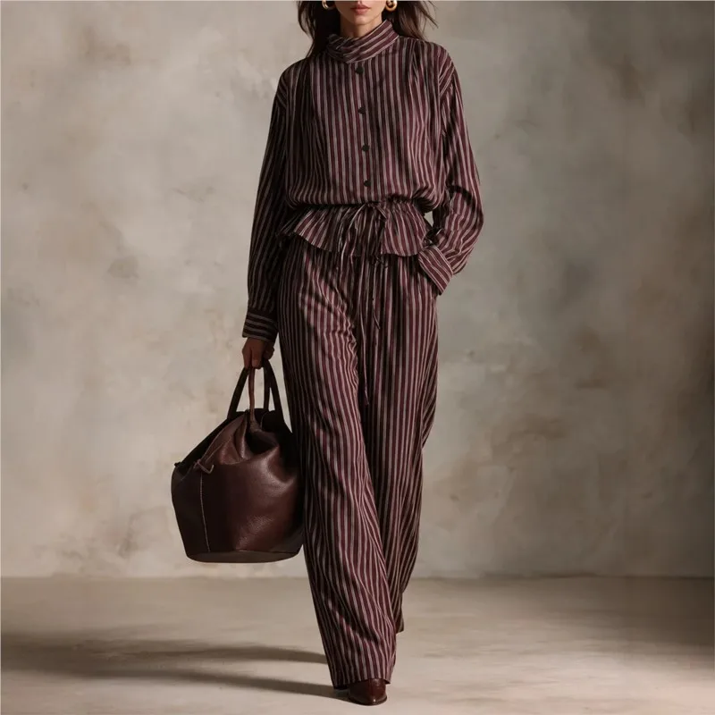 2026 New Autumn/Winter Women's Pants Set Striped Single Breasted Fashionable Comfortable Versatile Daily British Style Pants Set