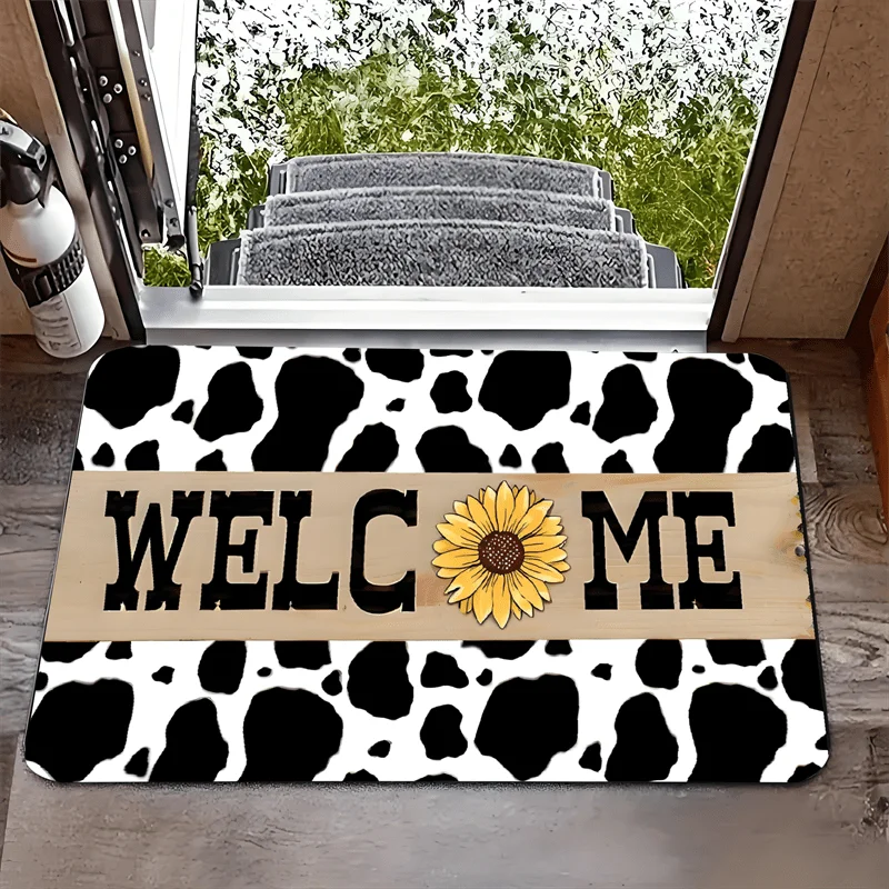 1 Farmhouse Welcome Mat-Cow Spot and Sunflower Doormat for Indoor/Outdoor Use-Cottagecore Entrance Mat - for Front Door, Kitchen