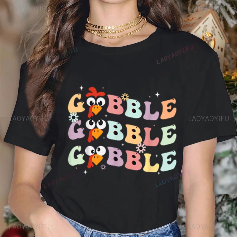 Funny Unisex Groovy Retro Tshirt Gobble Gobble Happy Thanksgiving Turkey Day T-Shirt High Quality Cotton T-Shirt Kawaii Harajuku