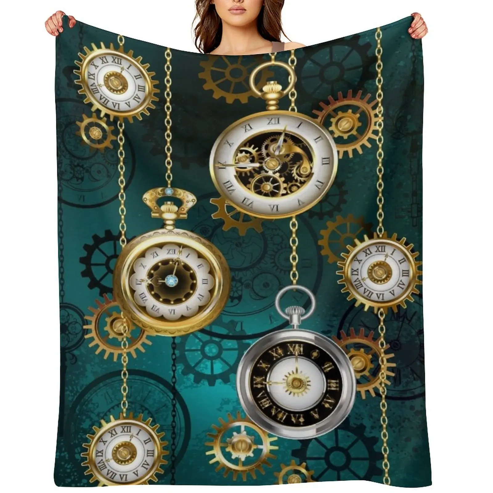 

Steampunk Watch with Chains on Green Background Throw Blanket Shaggy Nap Luxury St decorative Blankets